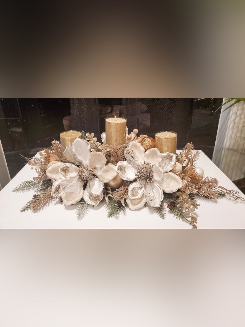 Gold and Cream Floral Candle Centerpiece - Home Accents